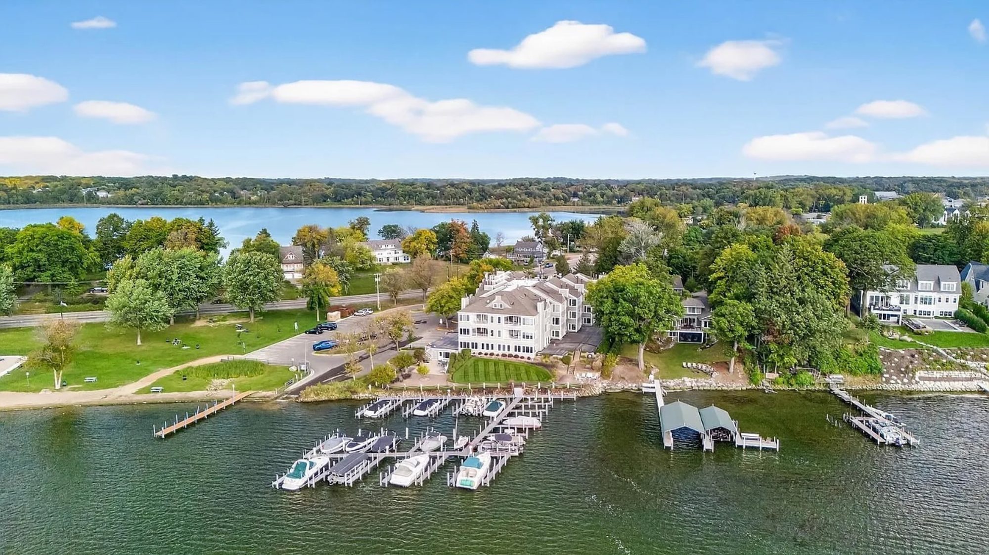 Aerial view of Chapman Place Marina on Cooks Bay, Lake Minnetonka